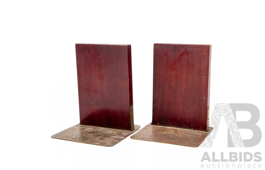 Pair of Late 19th Century Antique Chinese Teak and Brass Bookends with White Jade Inserts and Bat Finials