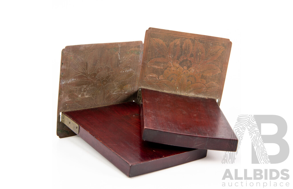Pair of Late 19th Century Antique Chinese Teak and Brass Bookends with White Jade Inserts and Bat Finials