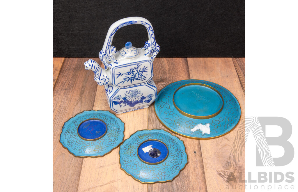 Three Chinese Cloisonné Enamel Dishes with Peony and Egret Motifs and a Vintage Chinese Blue and White Porcelain Teapot with Monkey Handles and Serpent Spout