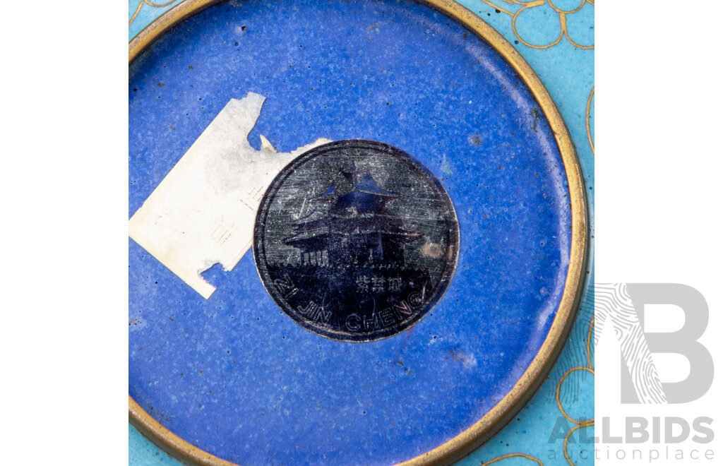 Three Chinese Cloisonné Enamel Dishes with Peony and Egret Motifs and a Vintage Chinese Blue and White Porcelain Teapot with Monkey Handles and Serpent Spout