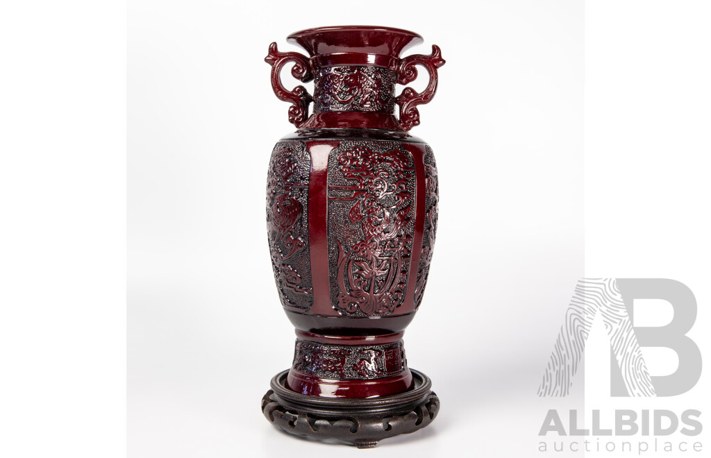 Chinese Blood Glaze Decorated Pottery Vase with Pixiu, Phoenix, Turtle Dragon and Heavenly Pearl of Wisdom Panels