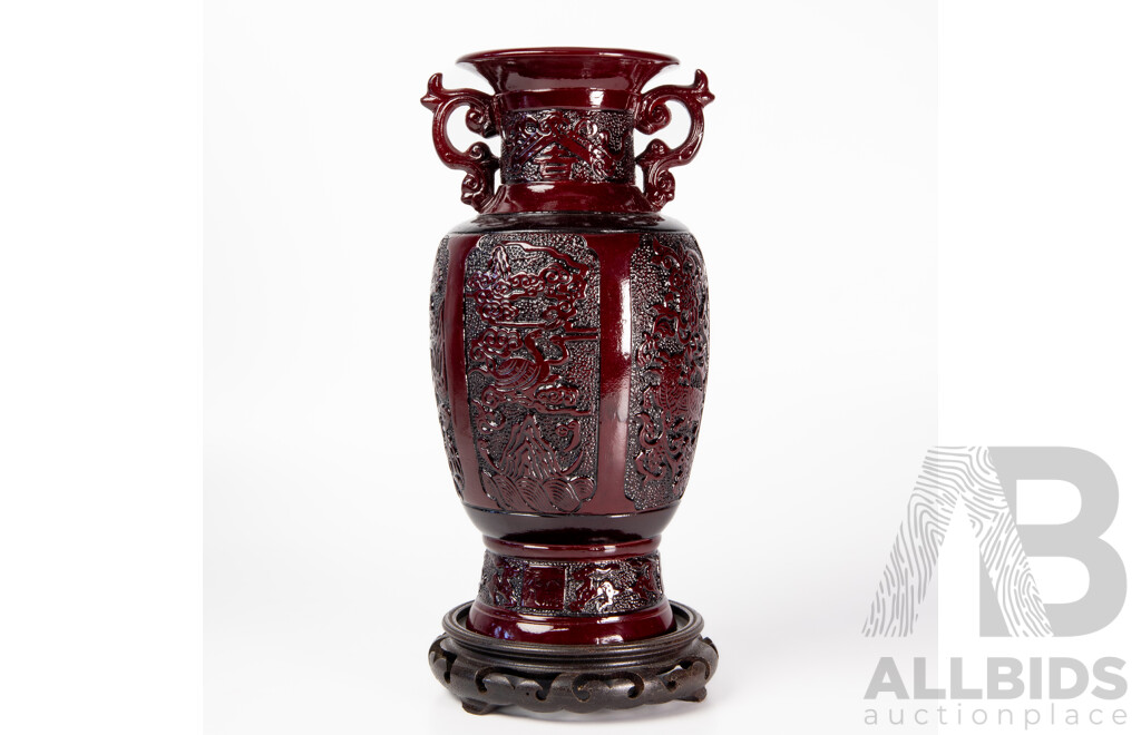 Chinese Blood Glaze Decorated Pottery Vase with Pixiu, Phoenix, Turtle Dragon and Heavenly Pearl of Wisdom Panels