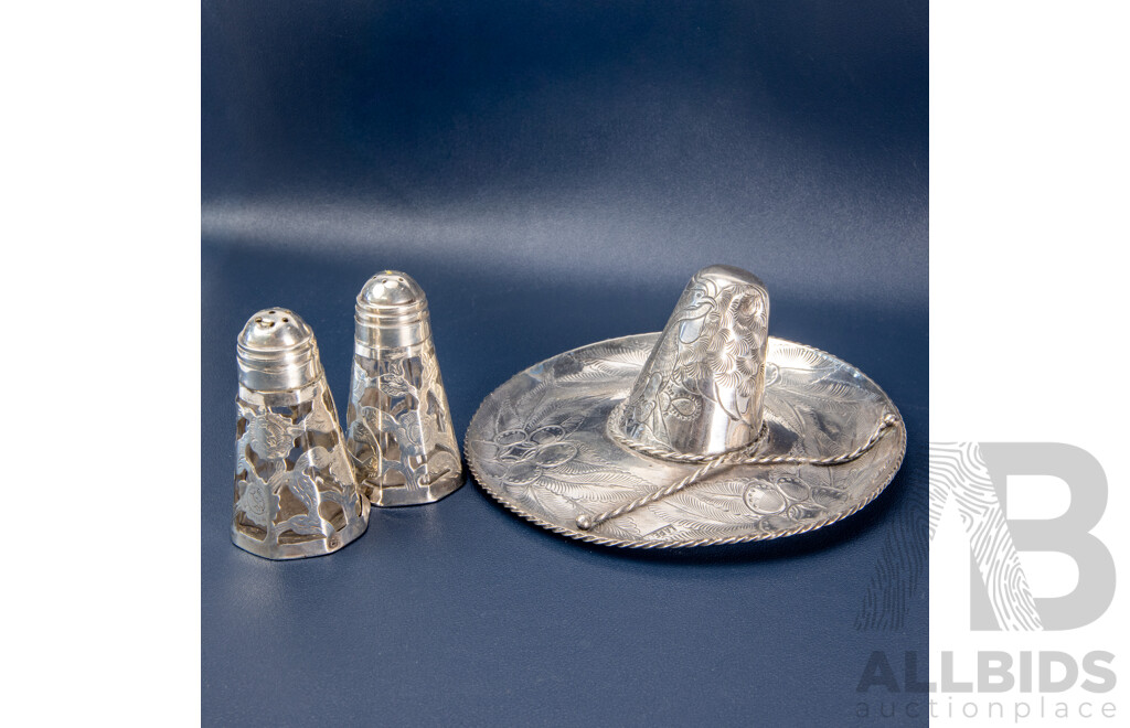 Pair of Mexican Sterling Silver Items Including La Perla Tampico Sombrero-Form Ashtray and Sterling-Topped Crystal Salt and Pepper Shakers