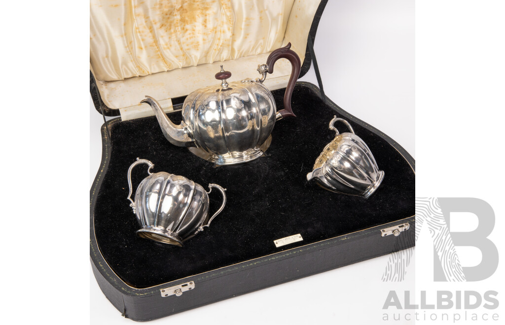 Stunning Adie Bros. (Birmingham) Sterling Silver Teapot, Creamer and Sugar, C.1945, in Original Charles Greig & Son Jewellers (Johannesburg) Presentation Box