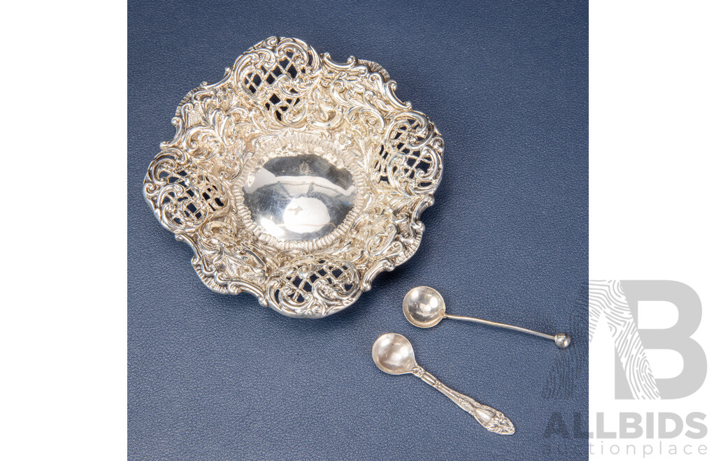 Antique James Dodsworth Sterling Silver Pierced Bowl, Chester 1894, Paired with Two Antique Miniature Salt or Mustard Spoons