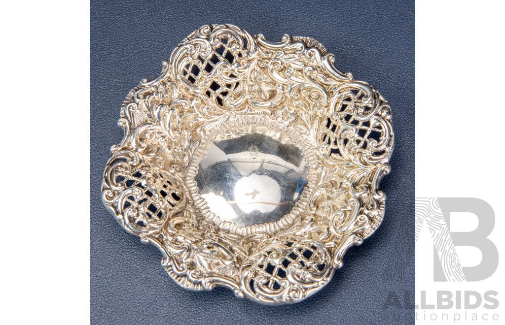 Antique James Dodsworth Sterling Silver Pierced Bowl, Chester 1894, Paired with Two Antique Miniature Salt or Mustard Spoons