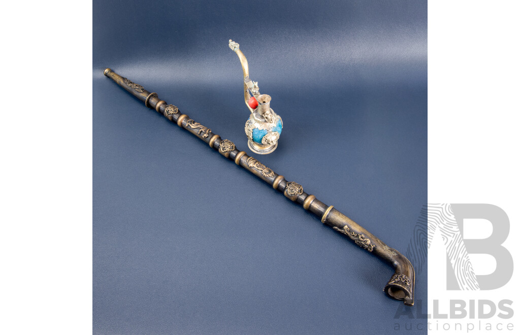Ornate Opium Pipe with Turquoise-Coloured Stone and Dragon’s Head Mouthpiece, Paired with Antique Chinese Bronze Opium Pipe with Qiulong Dragon and Phoenix Detail