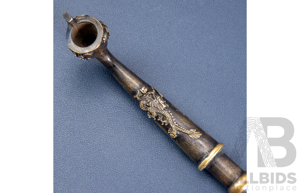 Ornate Opium Pipe with Turquoise-Coloured Stone and Dragon’s Head Mouthpiece, Paired with Antique Chinese Bronze Opium Pipe with Qiulong Dragon and Phoenix Detail