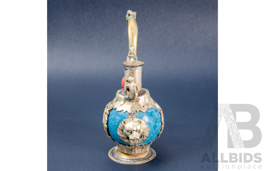Ornate Opium Pipe with Turquoise-Coloured Stone and Dragon’s Head Mouthpiece, Paired with Antique Chinese Bronze Opium Pipe with Qiulong Dragon and Phoenix Detail