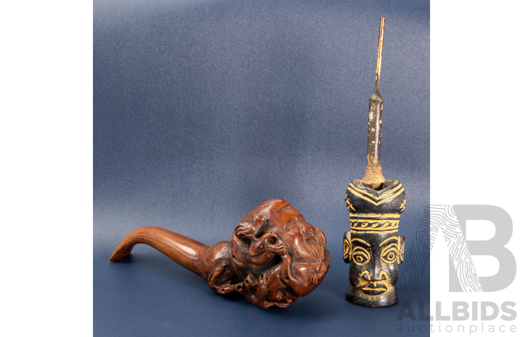 Antique Clay African Pipe and Chinese Carved Wooden Pipe