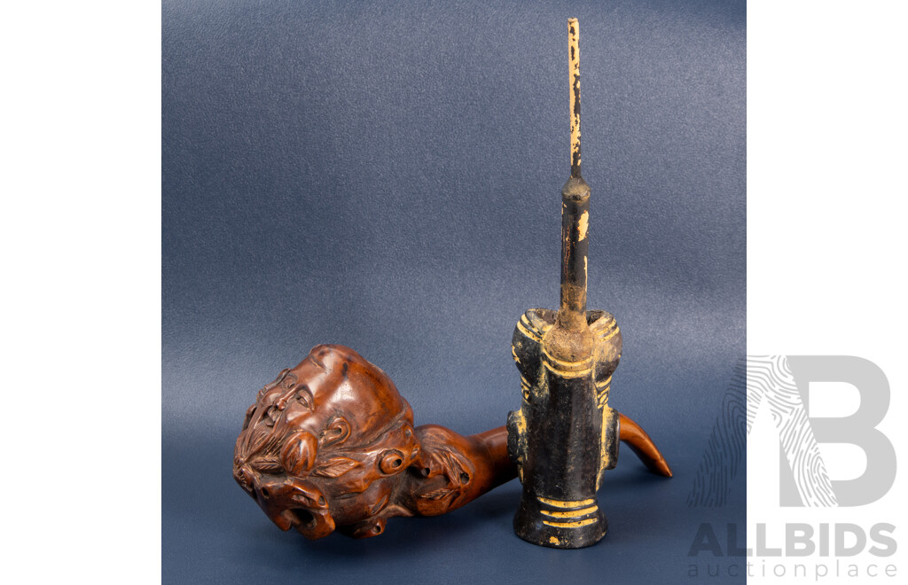 Antique Clay African Pipe and Chinese Carved Wooden Pipe