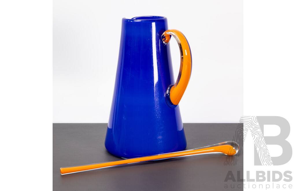 Hand-Blown Studio Glass Water Jug with Matching Swizzle Stick, Signed