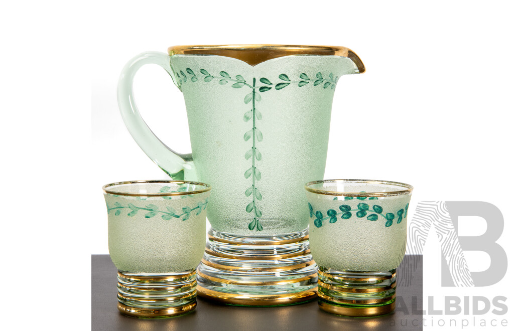 Vintage Uranium Glass Lemonade Pitcher and Glass Set, C.1950s