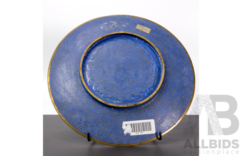 Large C.1880 Japanese Cloisonne Charger, Meiji Period, Lyrebird on Flowering Tree, Imperial Blue Ground