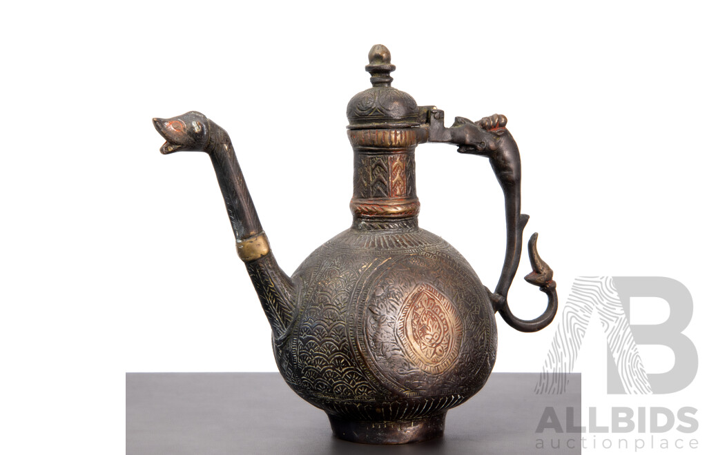 Antique Brass Double-Sided Islamic Dallah with Arabic/Urdu Engraving and Serpent-Form Spout