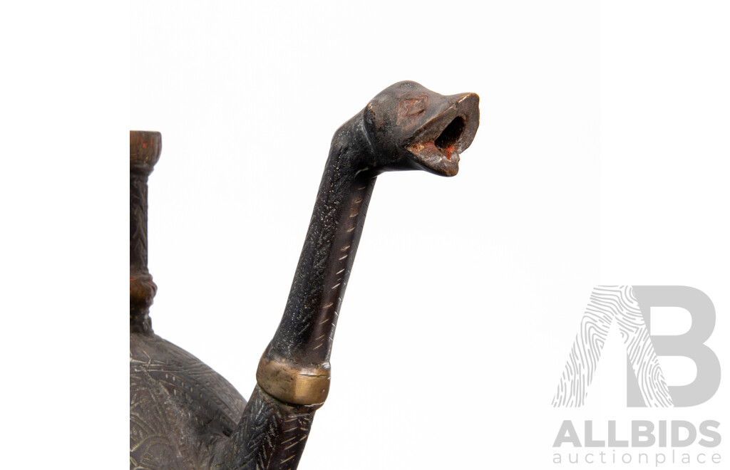 Antique Brass Double-Sided Islamic Dallah with Arabic/Urdu Engraving and Serpent-Form Spout