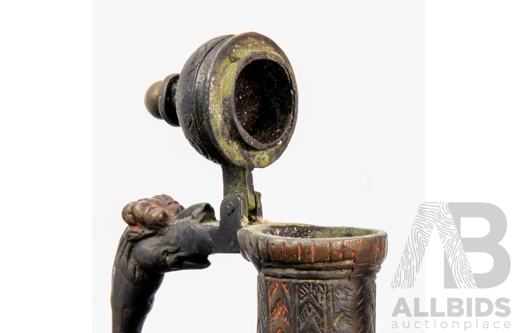 Antique Brass Double-Sided Islamic Dallah with Arabic/Urdu Engraving and Serpent-Form Spout