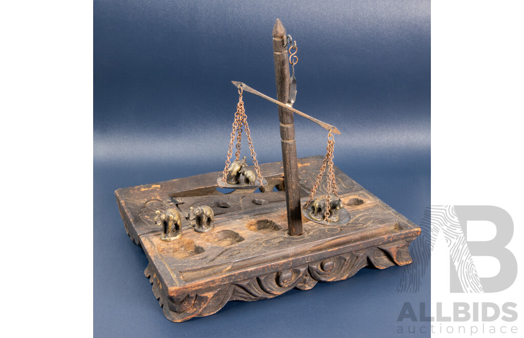Antique Burmese Opium Scales with Rare Elephant-Form Weights in Hand-Carved Decorated Box c.1900