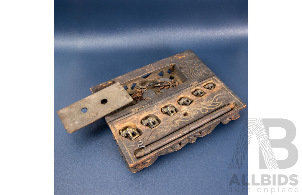 Antique Burmese Opium Scales with Rare Elephant-Form Weights in Hand-Carved Decorated Box c.1900