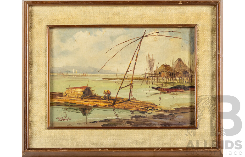 Oscar Navarro (20th Century, Filipino,1921-1973), Lone Fisherman in Village on Stilts 1955), Wonderful Original Vintage Oil on Canvas Board, 38 x 49 cm (frame)