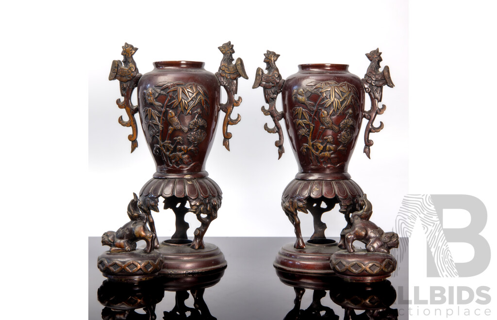 Pair of 19th Century Japanese Bronze Lidded Vases, Meiji Period