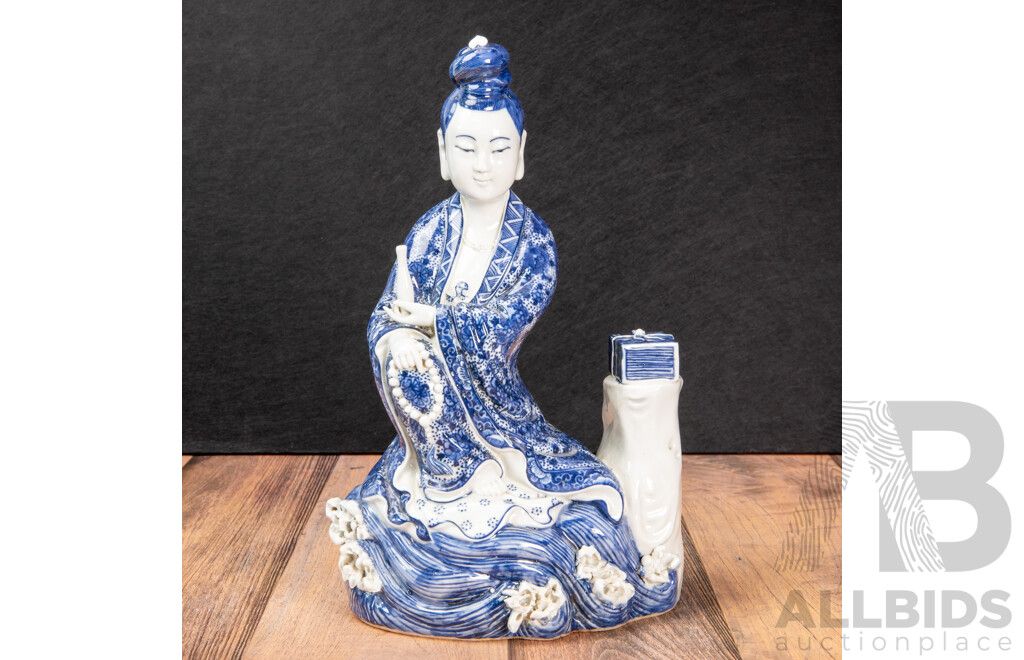 Glazed Blue and White Porcelain Guan Yin Figure, Royal Ease Pose