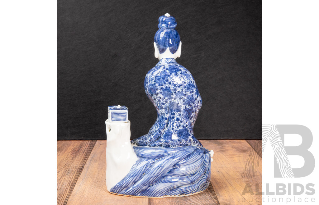 Glazed Blue and White Porcelain Guan Yin Figure, Royal Ease Pose