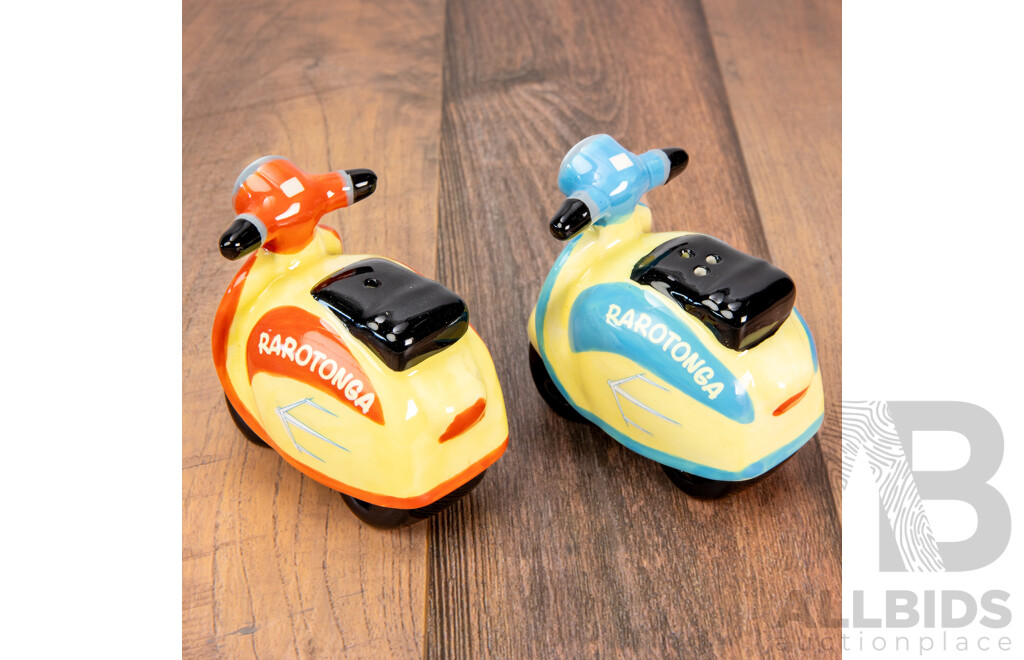 Vintage Rarotonga (Cook Islands) Porcelain Scooter Form Salt and Pepper Shakers 
