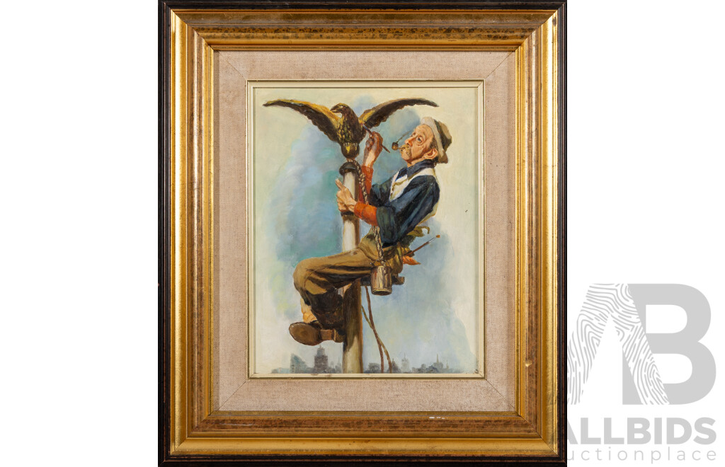 Framed Oil Painting, Gentleman Gilding an American Eagle Finial, Attributed Style of Frederic Remington