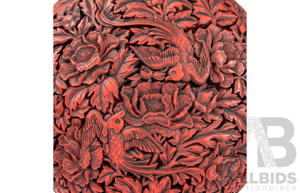 Vintage Cinnabar Moon Flask Vase on Lacquered Wood Stand