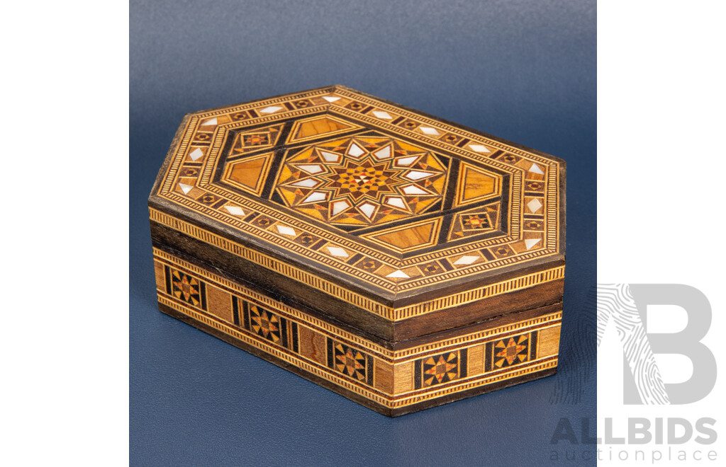 Timber Inlaid Marquetry Jewellery Box with Mother of Pearl Inlay