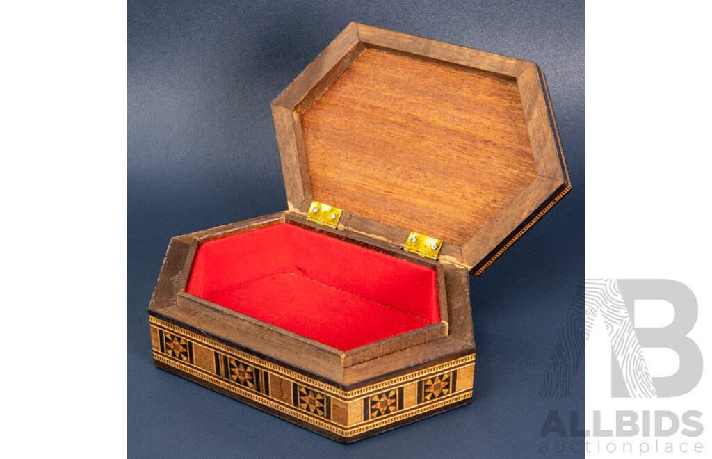 Timber Inlaid Marquetry Jewellery Box with Mother of Pearl Inlay