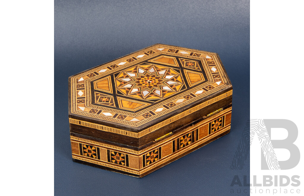 Timber Inlaid Marquetry Jewellery Box with Mother of Pearl Inlay