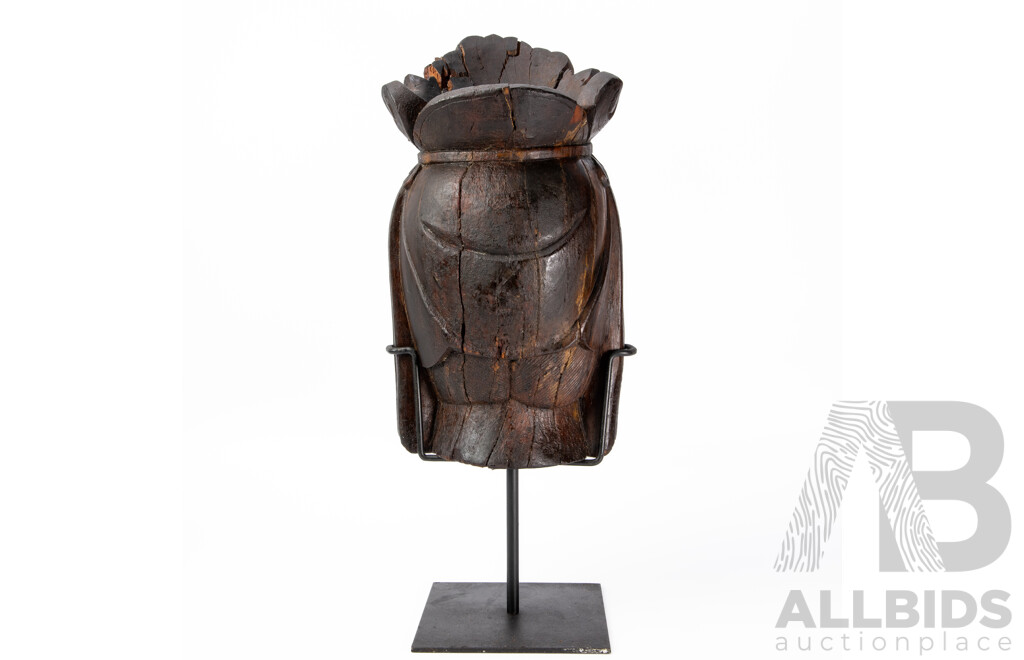 Antique Carved Wooden Guan Yin Head on Metal Stand