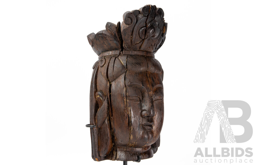 Antique Carved Wooden Guan Yin Head on Metal Stand