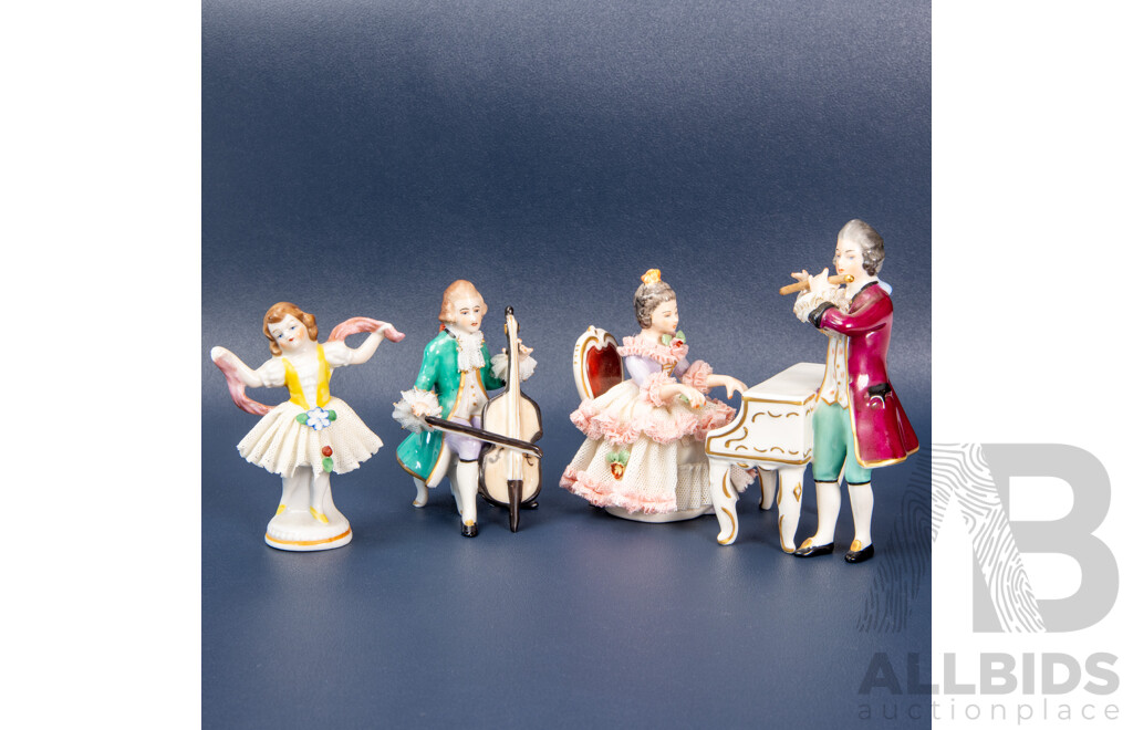 Three Frankenthal (Germany) Porcelain Figurines with Porcelain Lace, 18th?19th Century Style