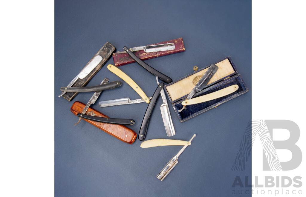 Collection of Seven Vintage Straight Razors, Including Boxed Examples