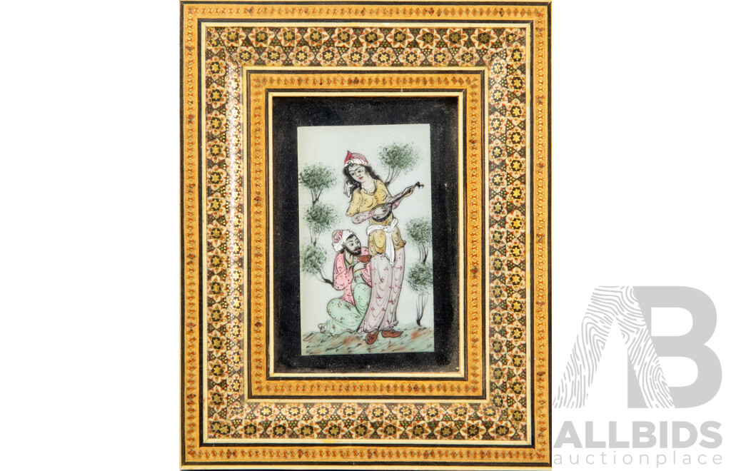 Antique Indo-Persian Mughal Art Gouache Painting with Calligraphy