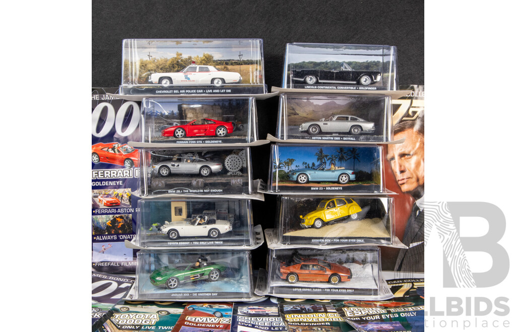 Collection of 10 James Bond Model Cars with Magazines and Magazine Holder