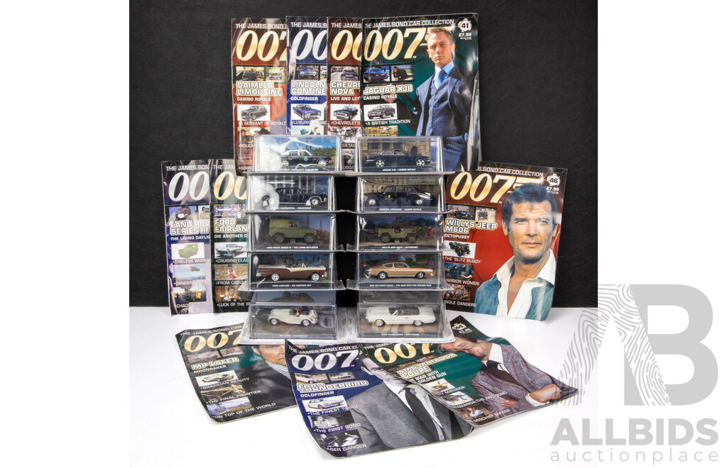 Collection of 10 James Bond Model Cars with Magazines