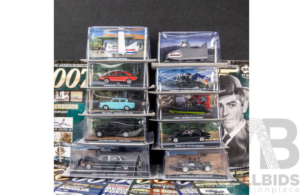 Collection of 10 James Bond Model Cars with Magazines