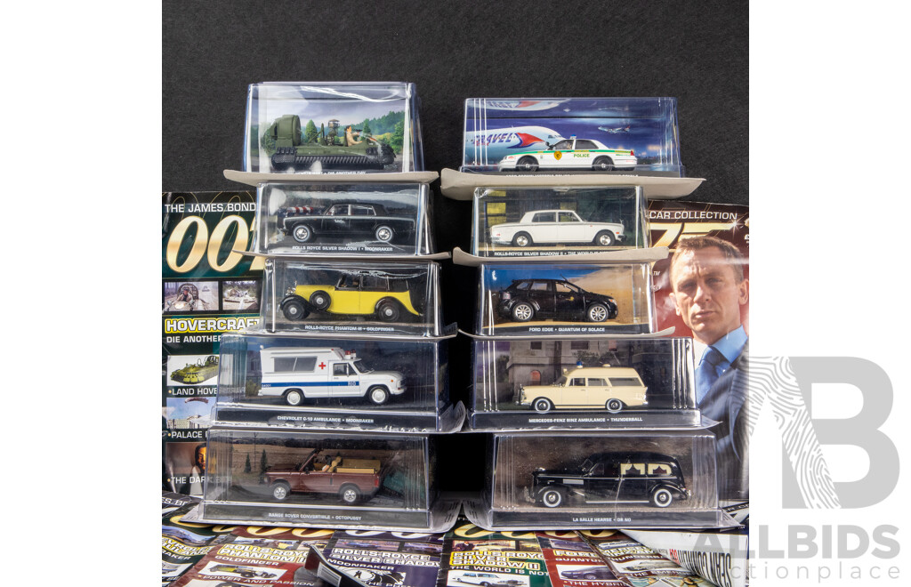 Collection of 10 James Bond Model Cars with Magazines