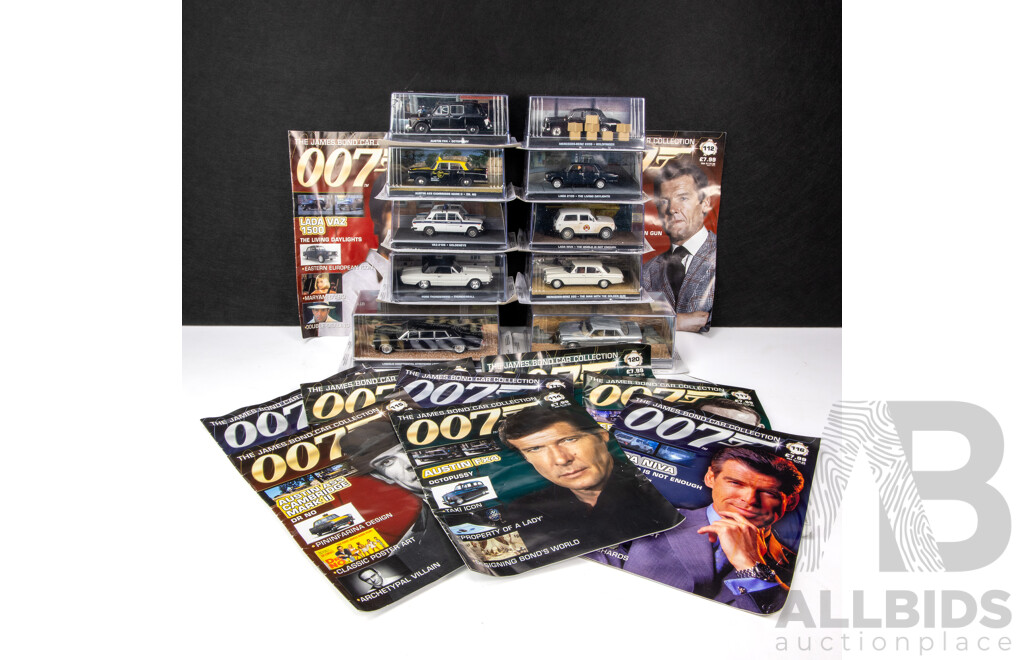 Collection of 10 James Bond Model Cars with Magazines