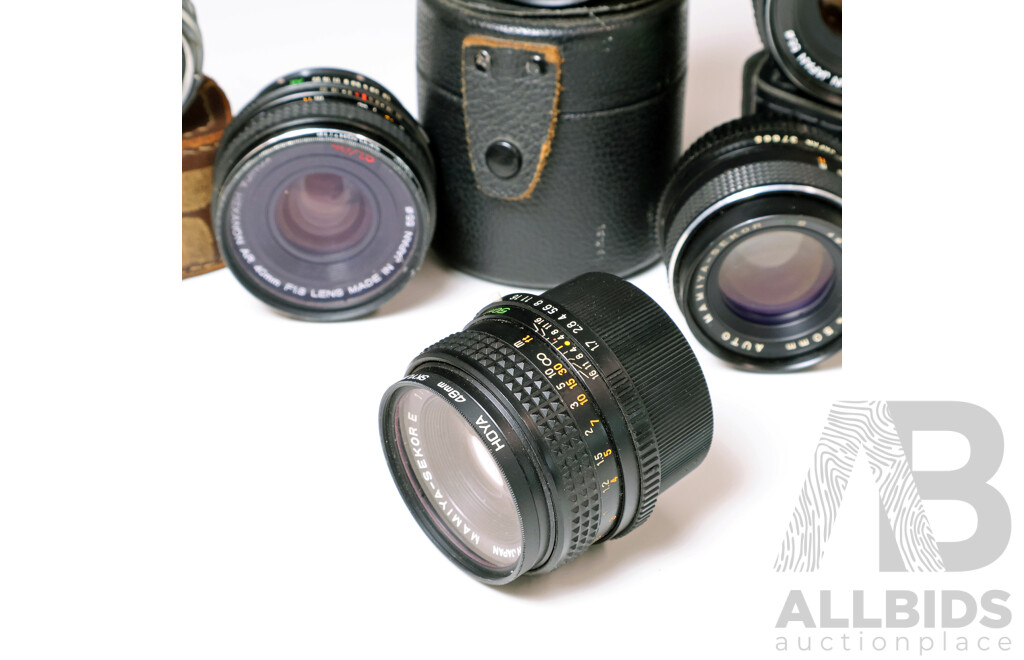 Collection of Vintage Standard Prime Lenses Including Konica and Mamiya