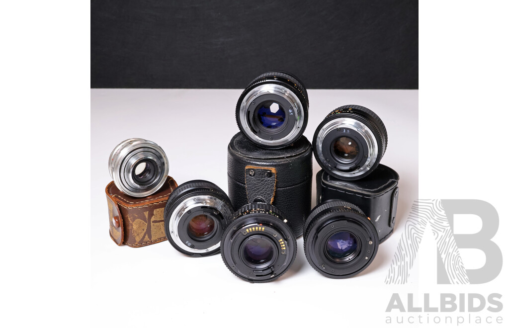 Collection of Vintage Standard Prime Lenses Including Konica and Mamiya