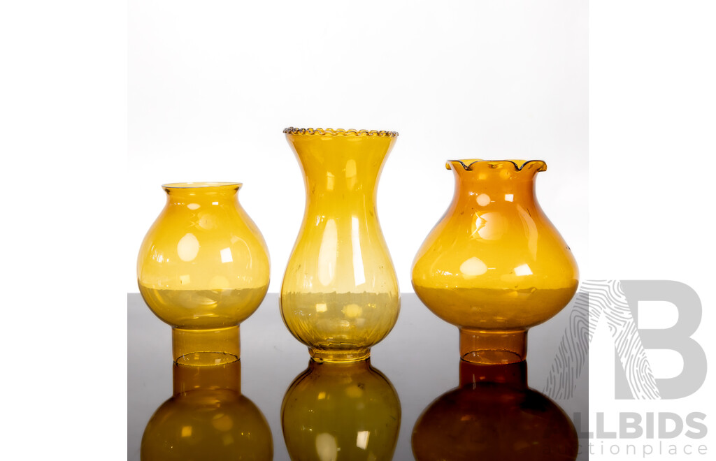 Set of Three Vintage Amber Hurricane Lamp Chimneys