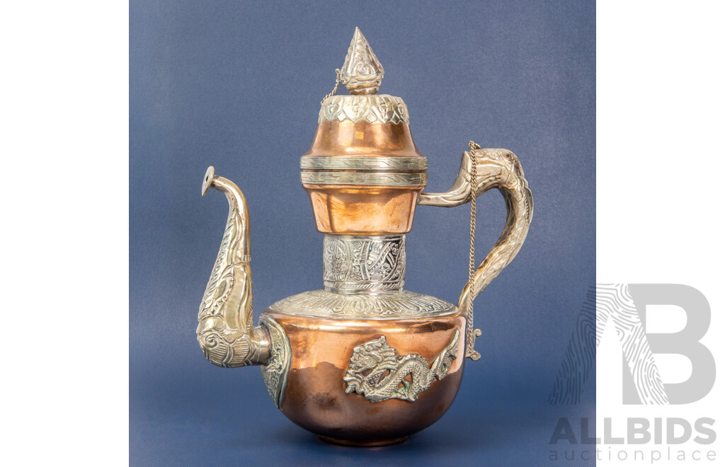 Tibetan Copper and Silvered Ceremonial Teapot/Tibetan Dragon Ewer