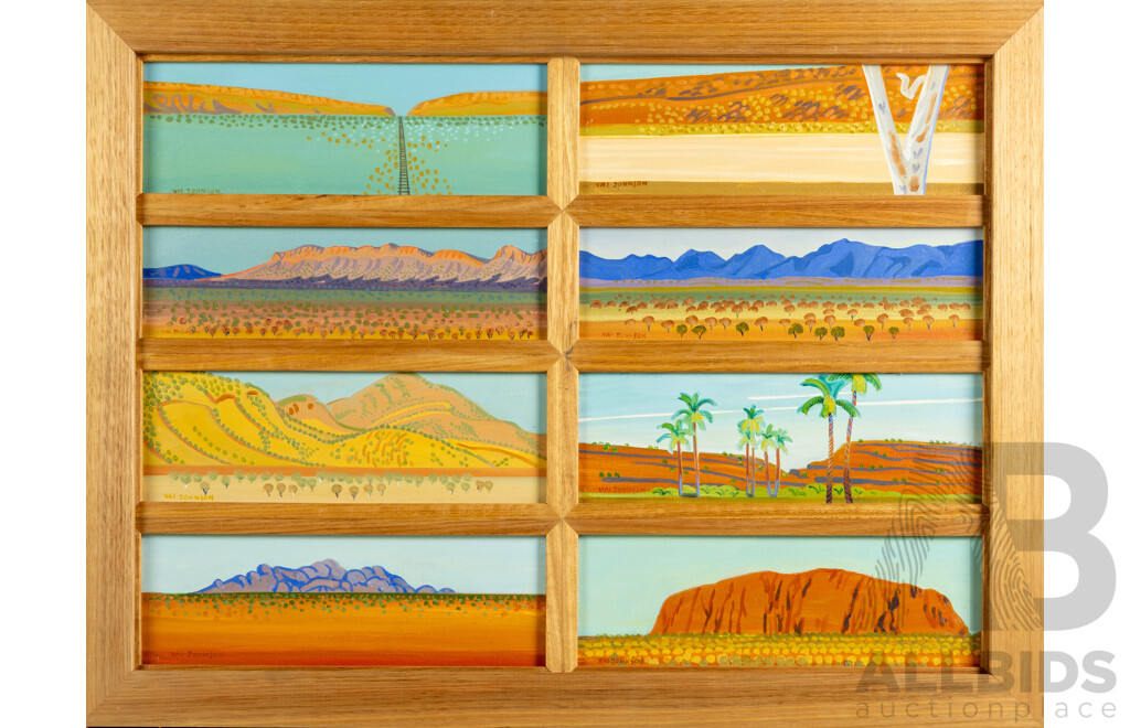 Val Johnson, (20th Century, Australian), Outback Places - The Red Centre, Oil on Canvas on Board, Each Panel 10 x 30 cm, Overall 54 x 71 cm (frame)