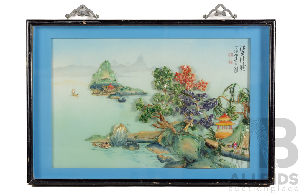 Artist Unknown (20th Century, Chinese School), Clear Sky Over Waters, Original Vintage Swatow Shell Cutting with Mother of Pearl in Diorama Frame, 40 x 60 cm (frame)