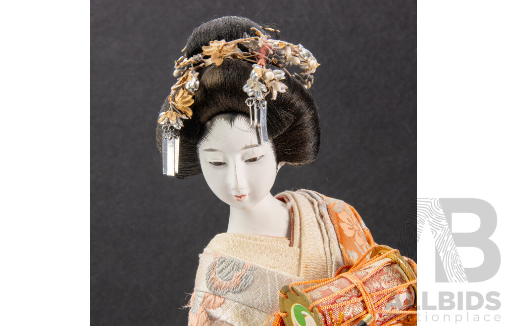 Vintage Japanese Geisha Doll with Porcelain Face & Hands